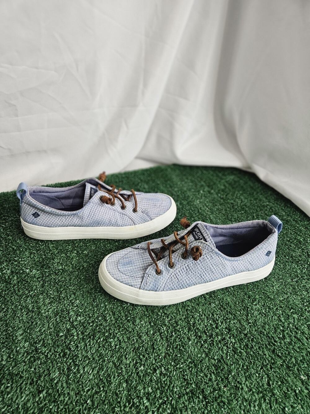 Sperry Top Sider Shoes Women Crest Vibe Sneakers Blue Plaid Lace Up STS85240 8.5